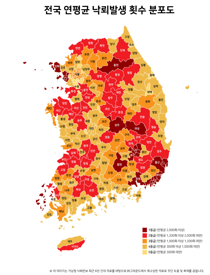 전국 연평균 낙뢰발생 횟수 분포도
